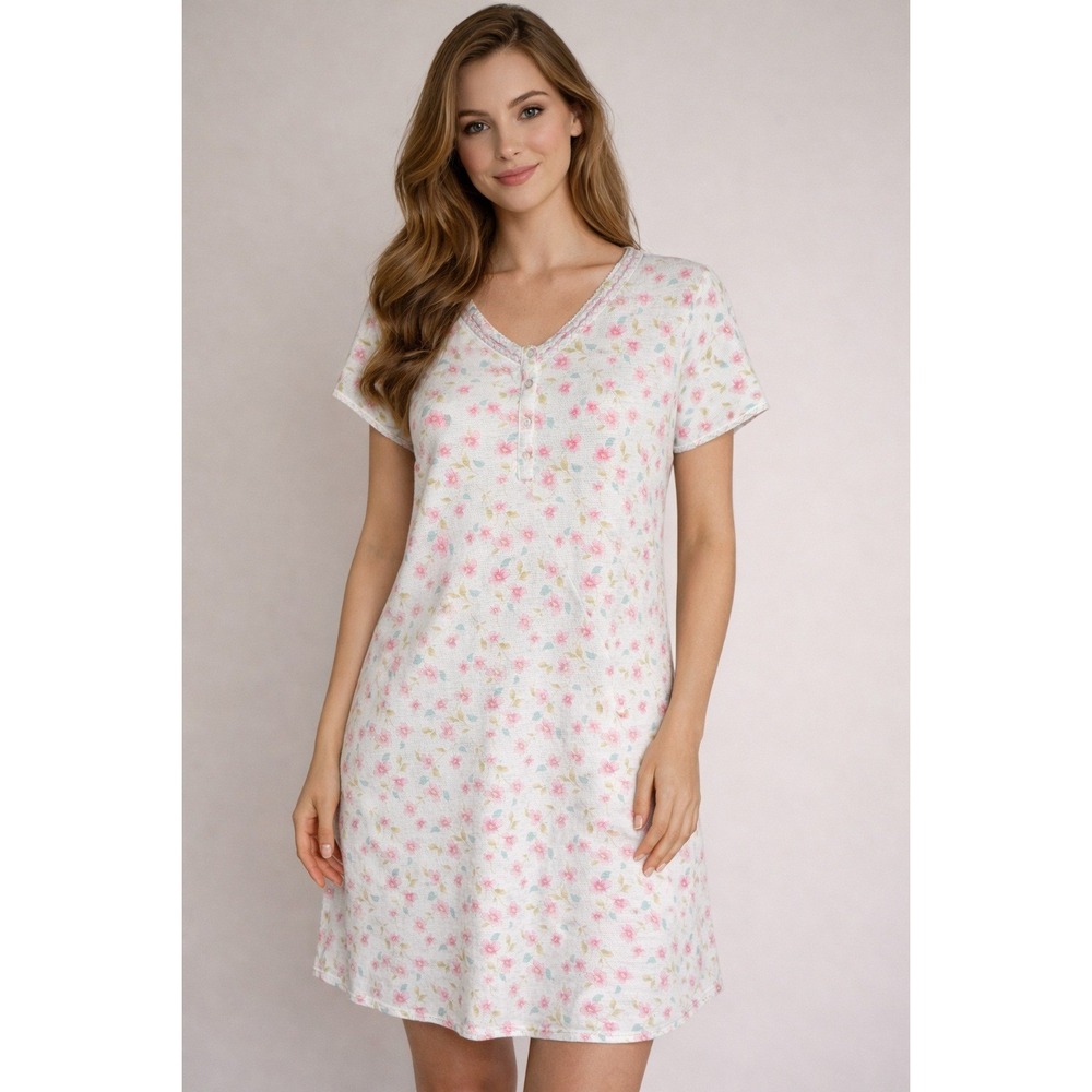 Earth Angels Floral Waffle Knit Henley Nightgown Sz Large White‎ Pink Feminine
